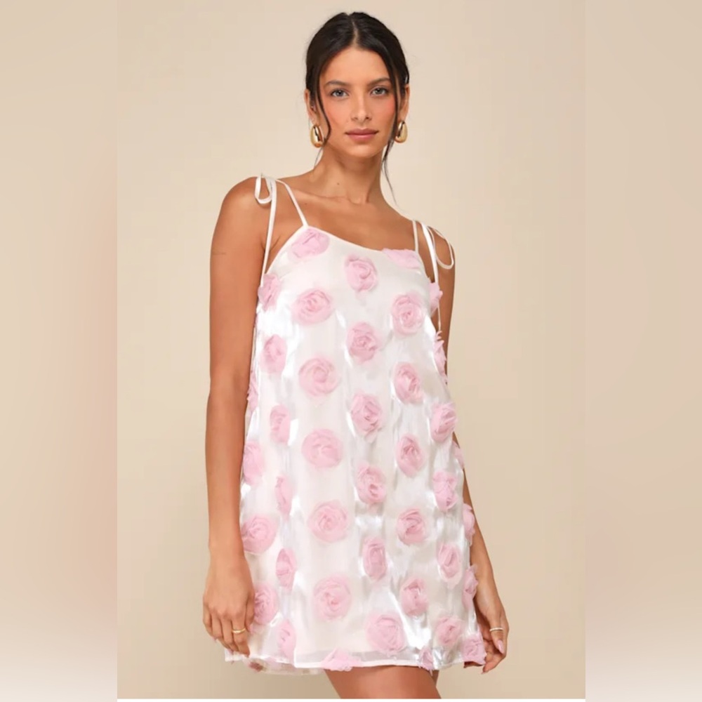 NWT Luminous Glow Shiny Ivory Rosette Tie-Strap Mini Dress